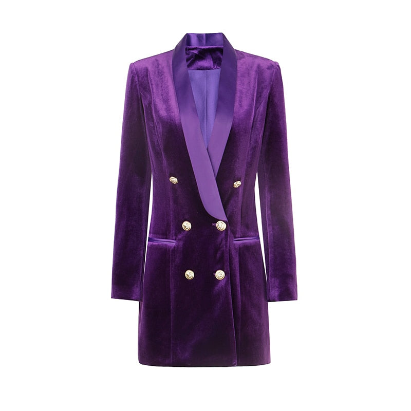 Purple double breasted blazer dress with satin lapel