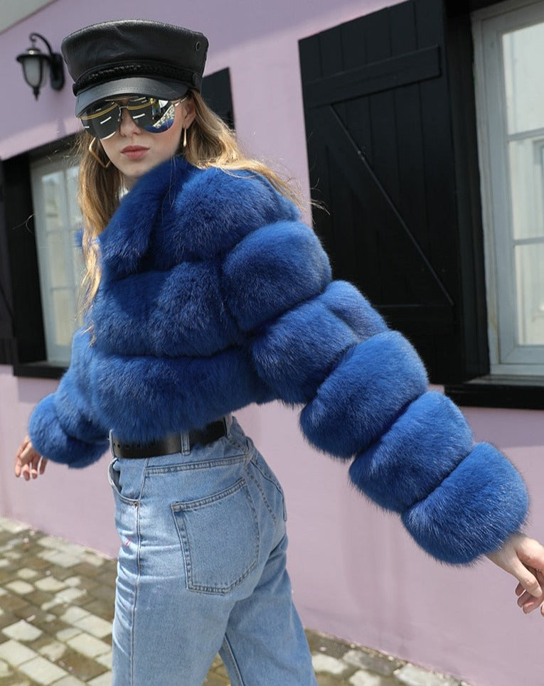 Blue cropped fur coat