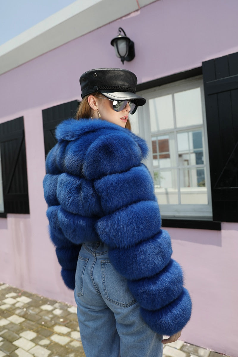 Street style blue fur jacket