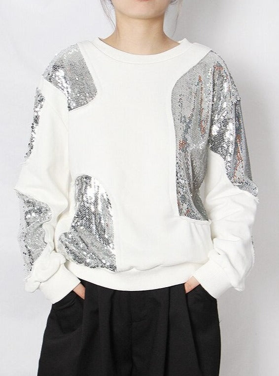 White sweatshirt with sequins patchwork