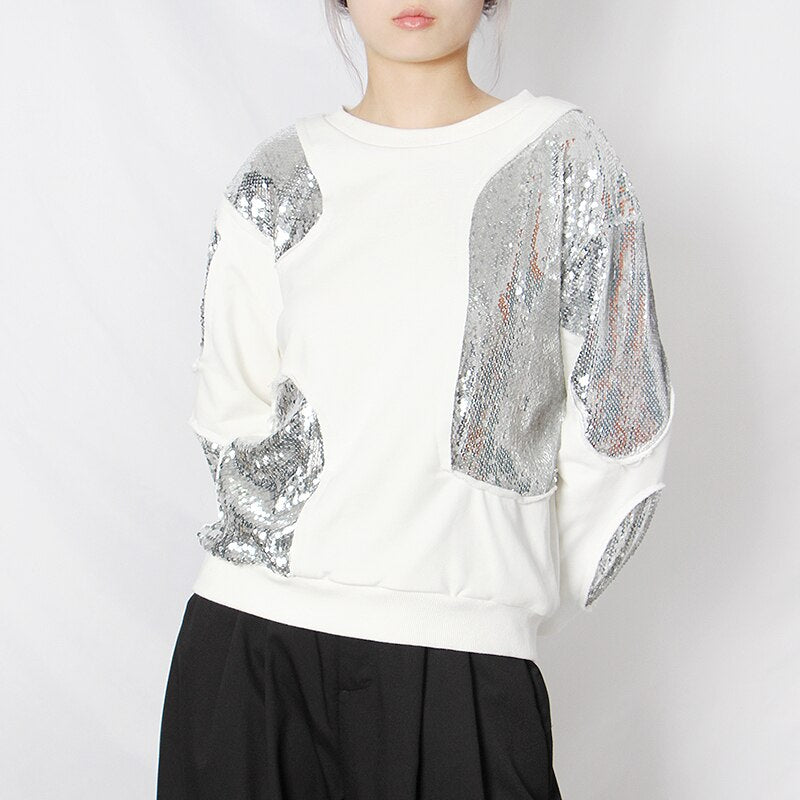 White sweatshirt with sequins patchwork