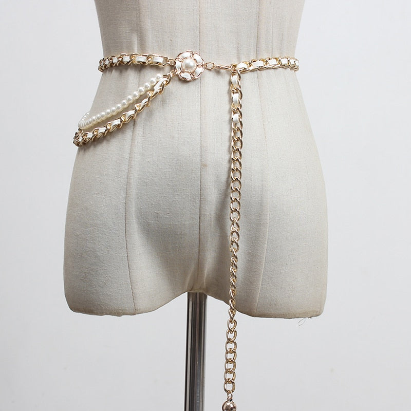 Faux Pearl PU Leather Belt