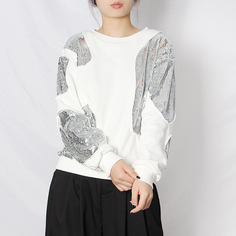 White sweatshirt with sequins patchwork