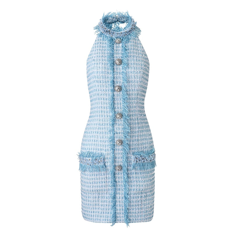 Blue Tweed Mini Dress | Halter Neck | Pearl Beads Detail | Zipper Closure | Designer Inspired Balmain Dupe