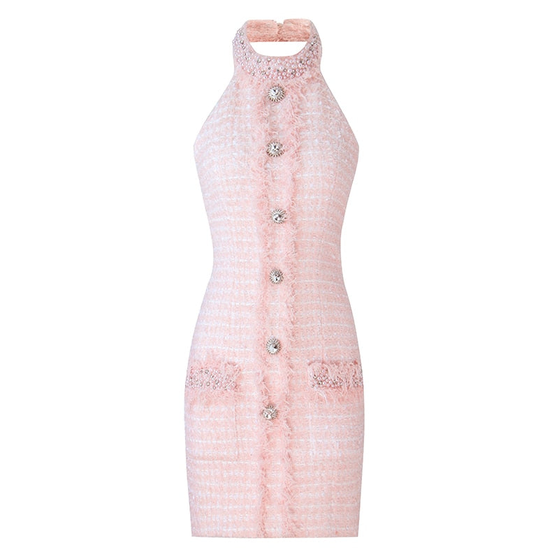 Pink Tweed Mini Dress | Halter Neck | Pearl Beads Detail | Zipper Closure | Designer Inspired Balmain Dupe