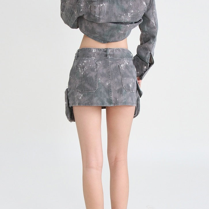 Denim Cargo Skirt | Acid Wash Distressed Grey | Zalia Atelier