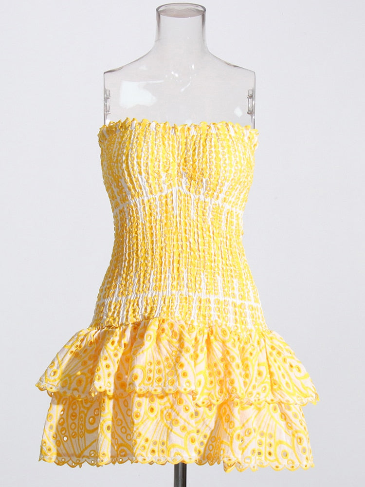 Strapless Mini Dress | White with Yellow Broderie Anglaise Design | Summer Vacation Outfit | Designer Inspired  Charo Ruiz Dupe 