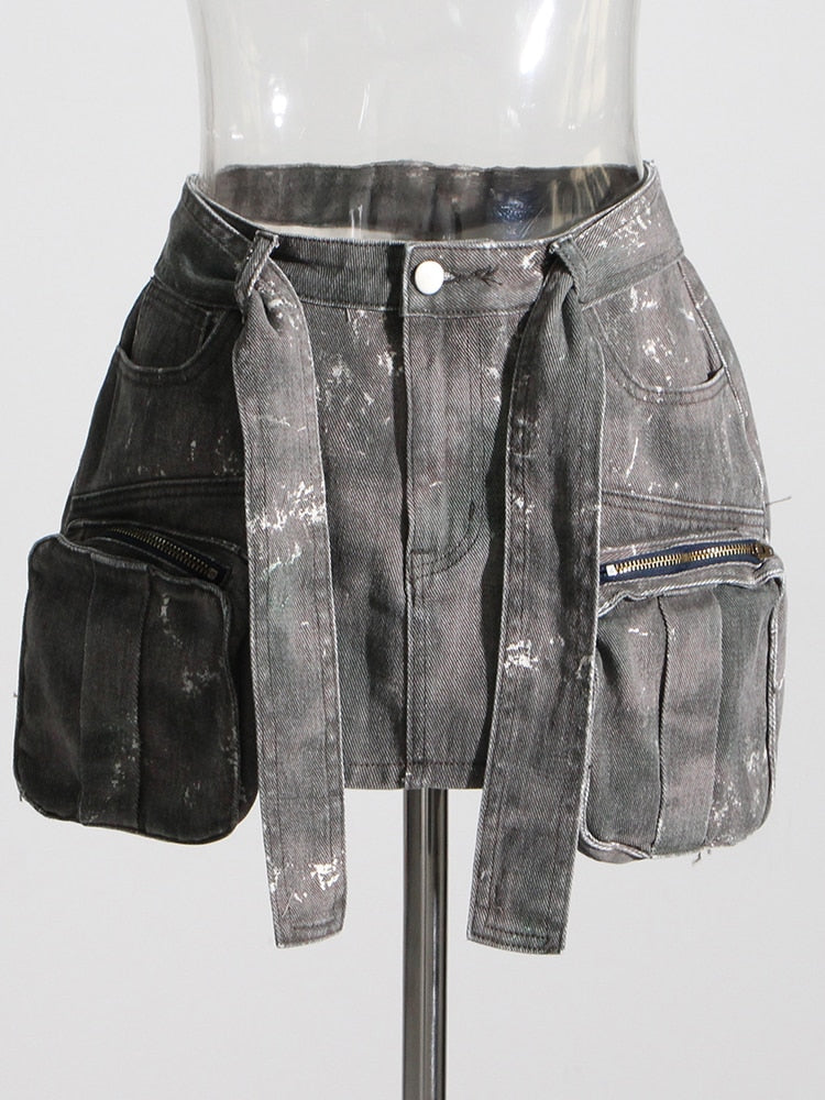 Denim Cargo Mini Skirt | Detachable Belt | Street Style Fashion | Camouflage Distressed Look | Designer Inspired Blumarine Dupe Lookalike