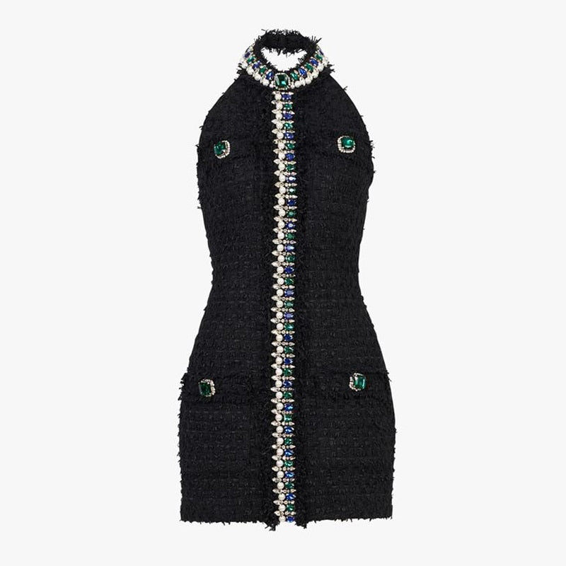 Black Tweed Mini Dress | Jewel Embroidery Halter Neck | Back Zipper | Designer Inspired Balmain Dupe