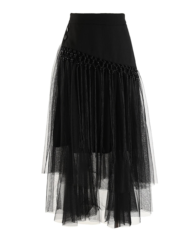 Mesh and Tassels Skirt | Midi Length