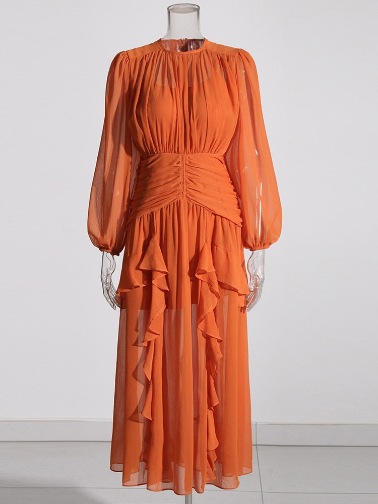 Chic Style Orange Chiffon Midi Dress | Zalia Atelier