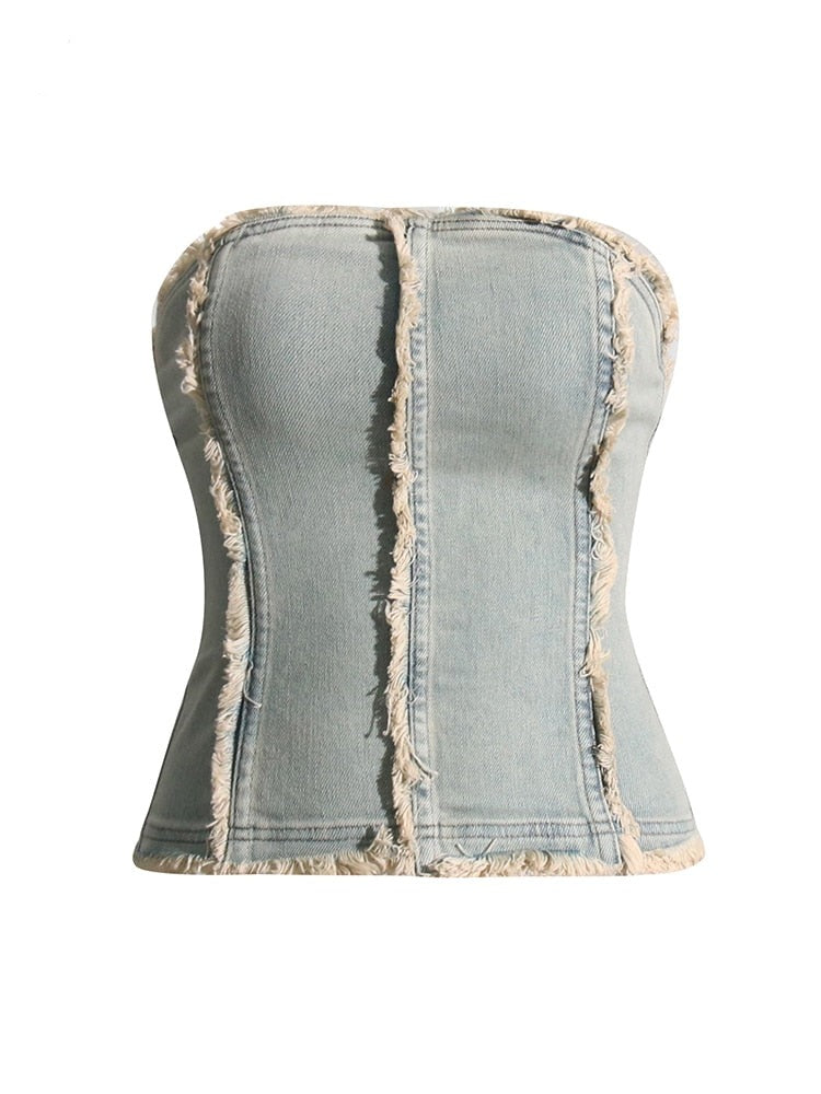 Frayed Denim Top | Strapless | Zipper Closure | Chic Street Fashion | Zalia Atelier