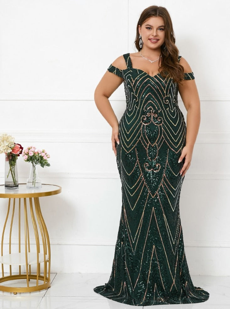 Curve size green sequins prom dress