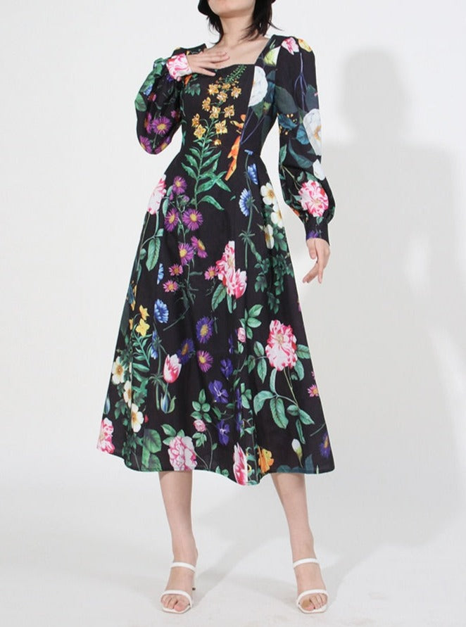 Multi floral print dress with long sleeves and mid length