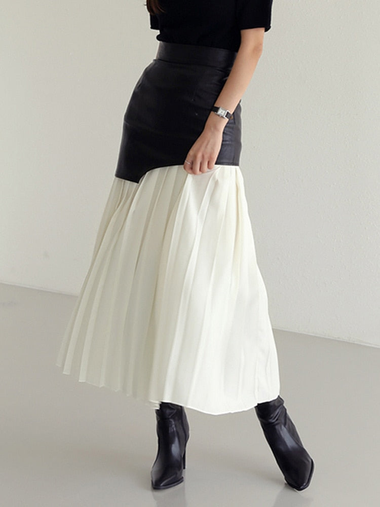 Patchwork PU Leather and heavy chiffon pleats midi skirt | Chic style fashion | Zalia Atelier