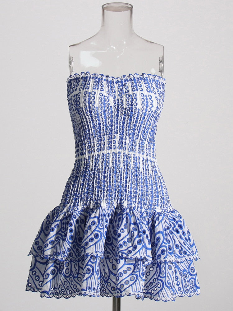 Embroidery Strapless Mini Dress | Blue and White | Ruffles Hemline | Shirred Bodice | Blue Eyelet Embroidery | Designer Inspired | Summer Outfit | Vacation Style | Charo Ruiz Dupe Lookalike