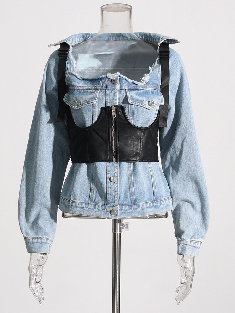 Distressed Style Denim Jacket and PU Leather Vest | Zalia Atelier