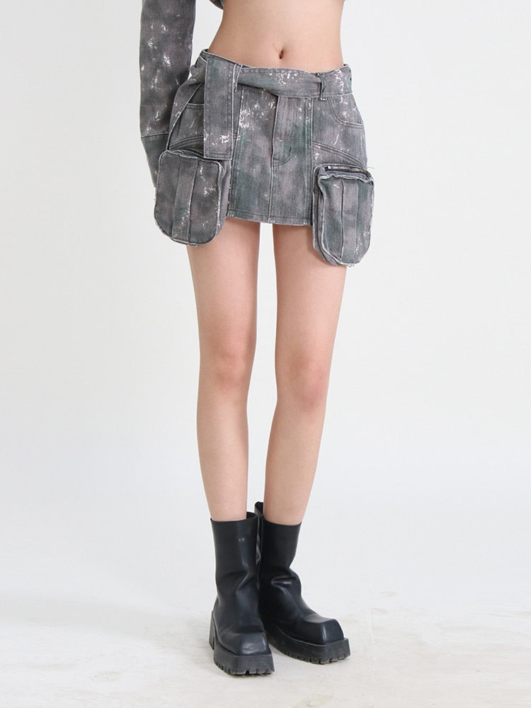 Distressed Grey Denim Mini Skirt | Zipper Pockets and Belt | Zalia Atelier