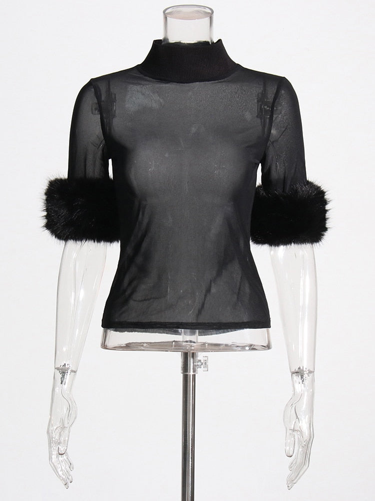 Street style mesh top with faux fur sleeves