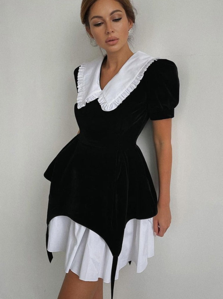 Doll collar style mini dress with short puff sleeves