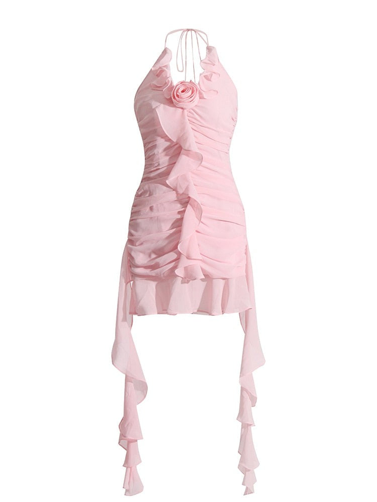 Rose Applique Mini Dress | Pink Ruffles | Tie Up Halter Neckline | Designer Inspired | Blumarine Dupe