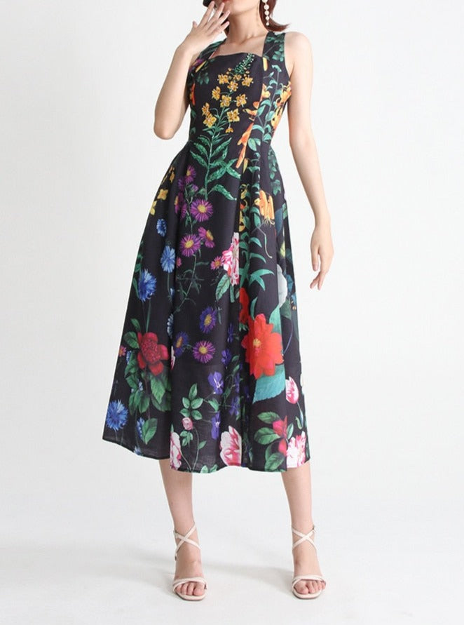 Square Collar Midi Dress With Multi Floral Print | Designer Inspired