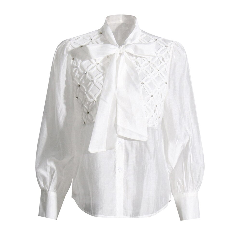 Bow knot collar blouse with rhinestones