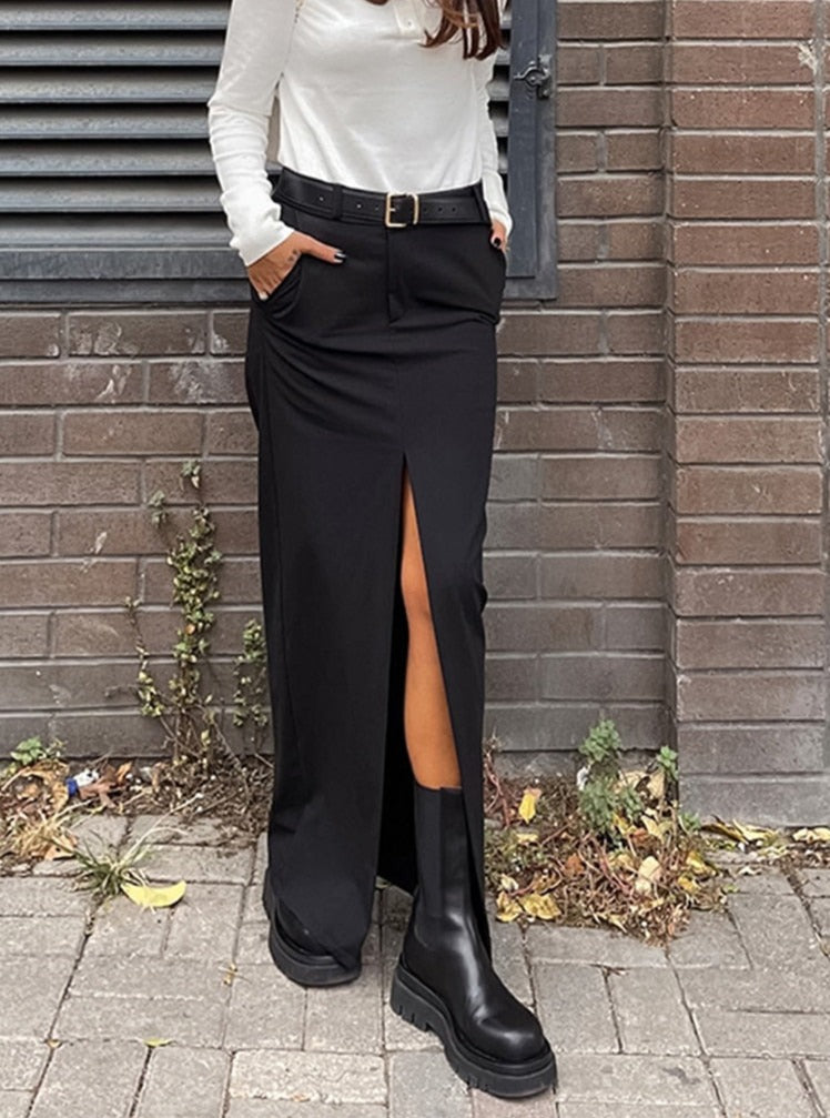 Street Style Minimalist Black Pencil Skirt With Split | Zalia Atelier