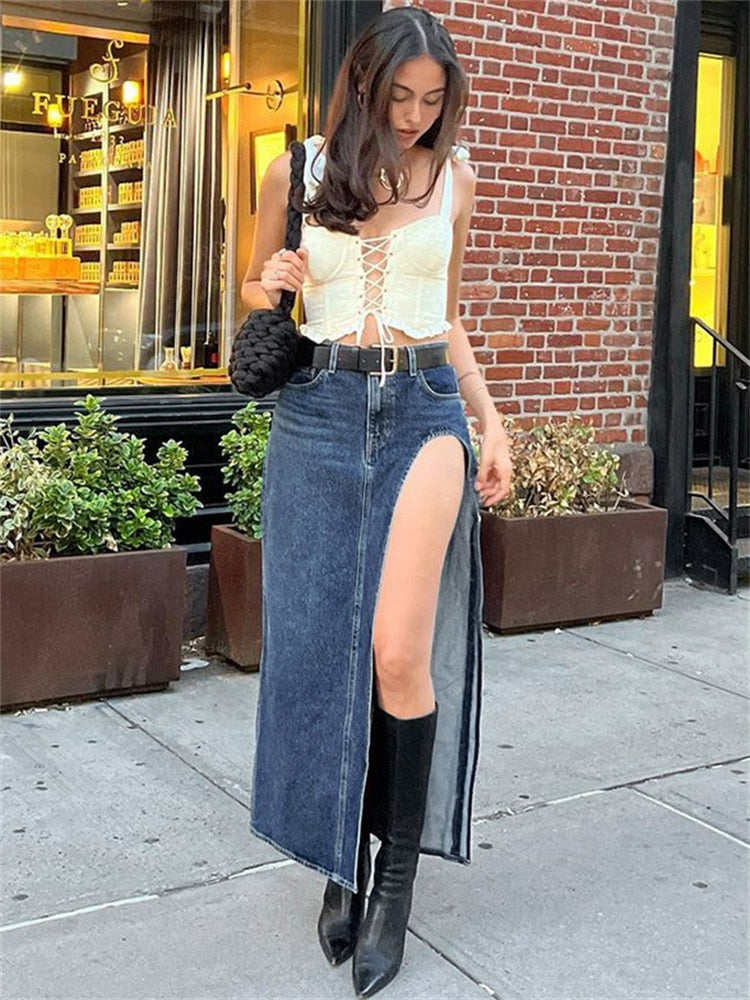 High Split Denim Skirt with Low Waist