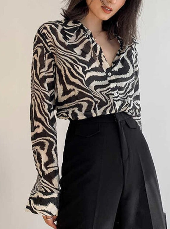 Zebra pattern long sleeve shirt women