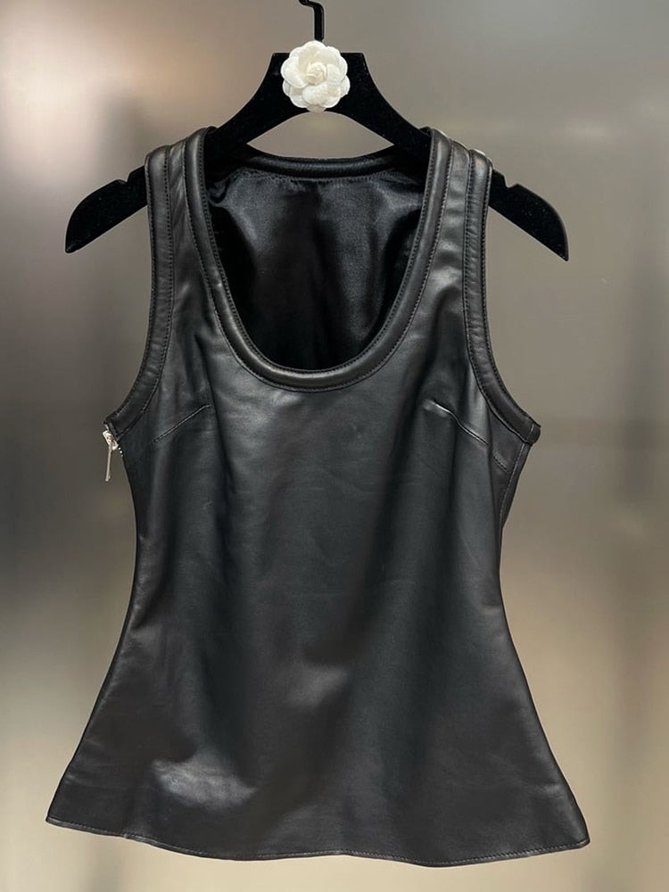 Black pu leather tank top with side zipper closure