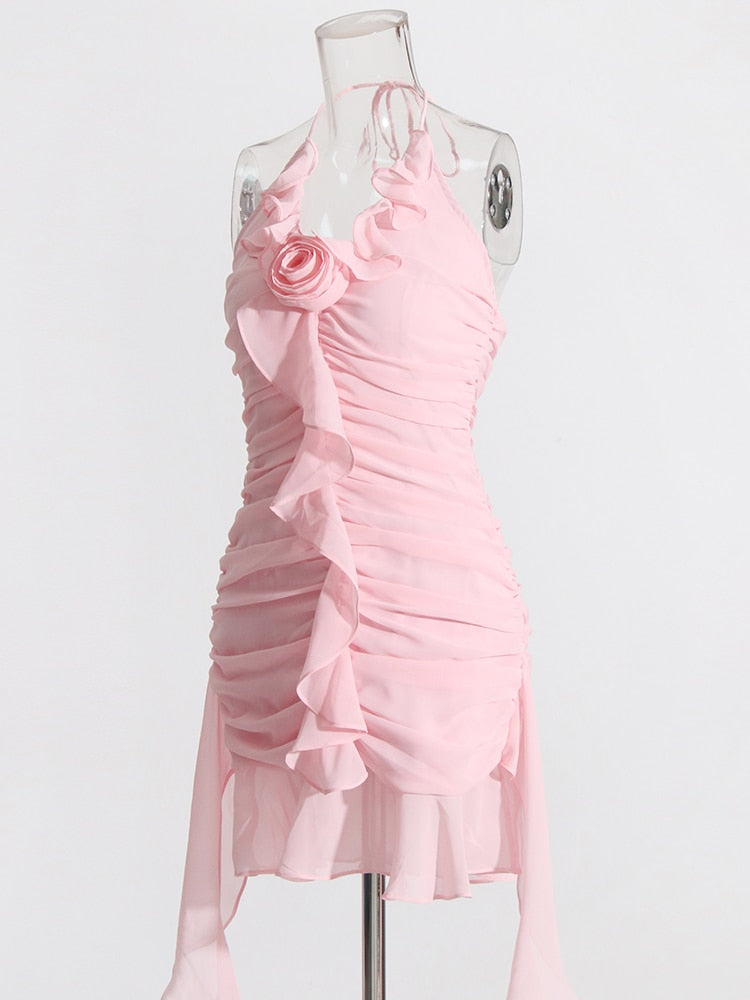 Pink Ruffles Mini Dress With Rose Applique | Zalia Atelier