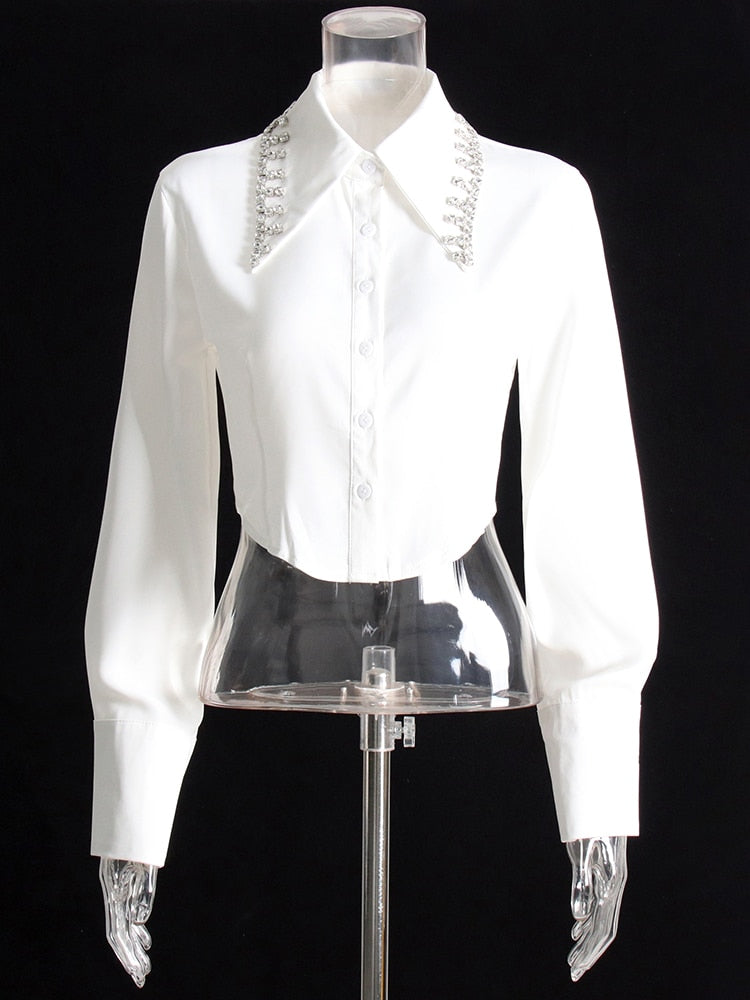 Rhinestone Collar White Blouse | Zalia Atelier