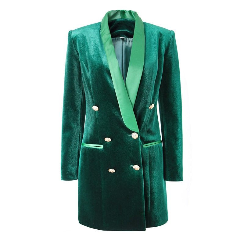 Green velvet blazer dress with double breasted satin lapel