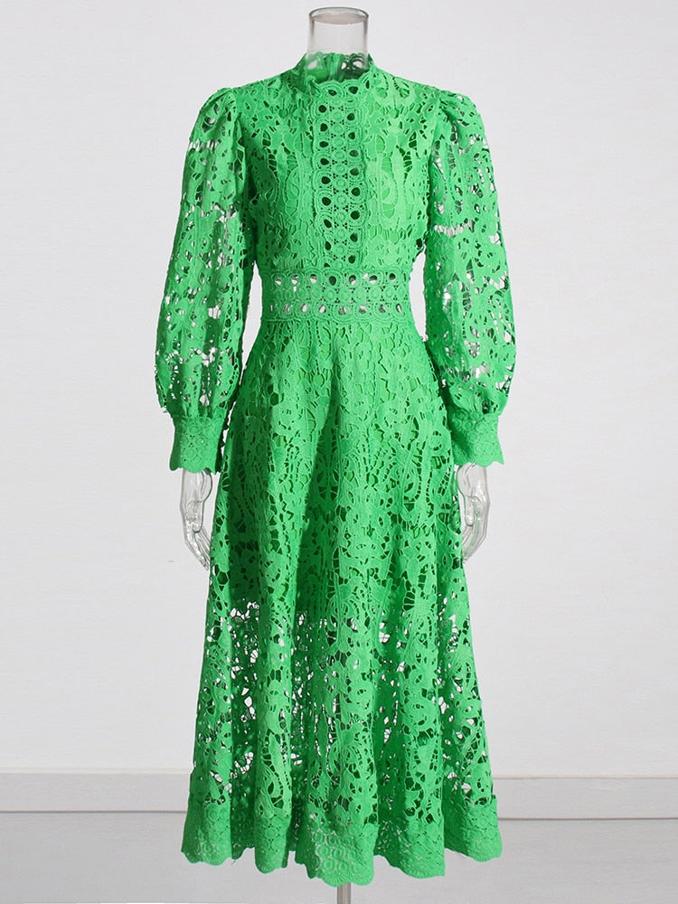 Green Lace Embroidery Midi Dress | Long Sleeves | Zalia Atelier