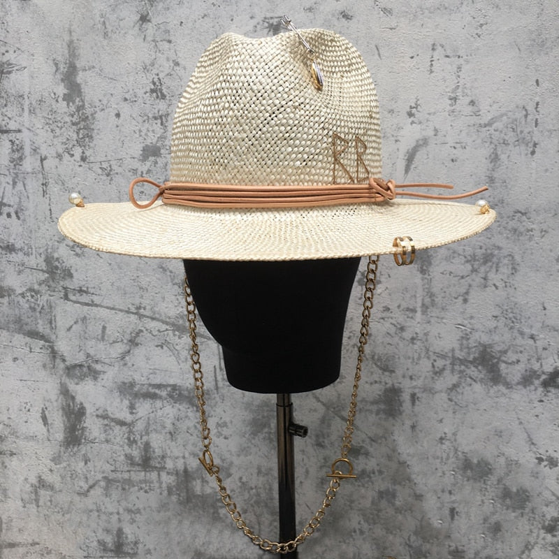 Chic Straw Hat  | Removable Chain | Pin Appliques | Zalia Atelier