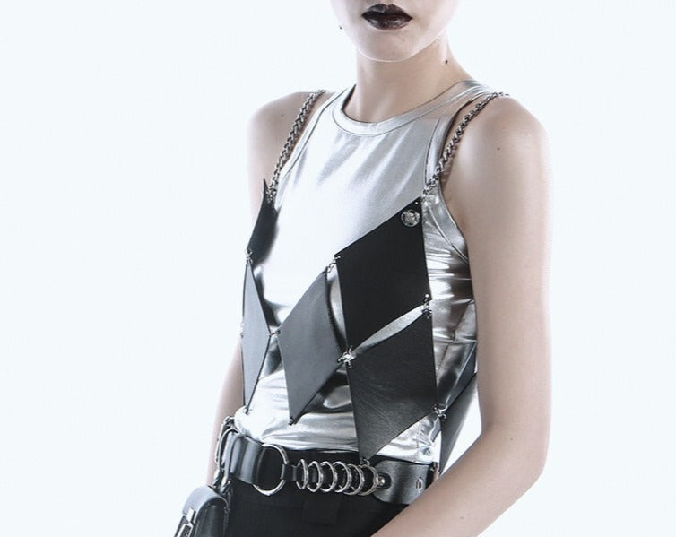 Black Leather and Silver Chain Vest Top