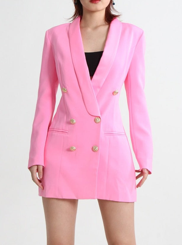 pink Blazer Double Breasted Satin Lapel