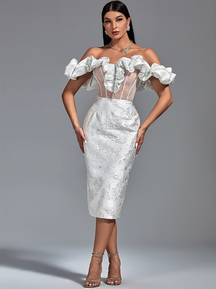 white jacquard and mesh party dress with ruffled shoulder