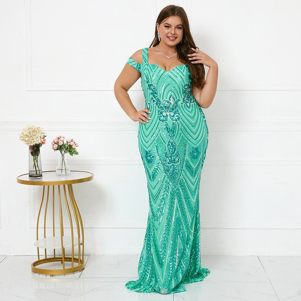 Curve size turquoise sequins prom dress