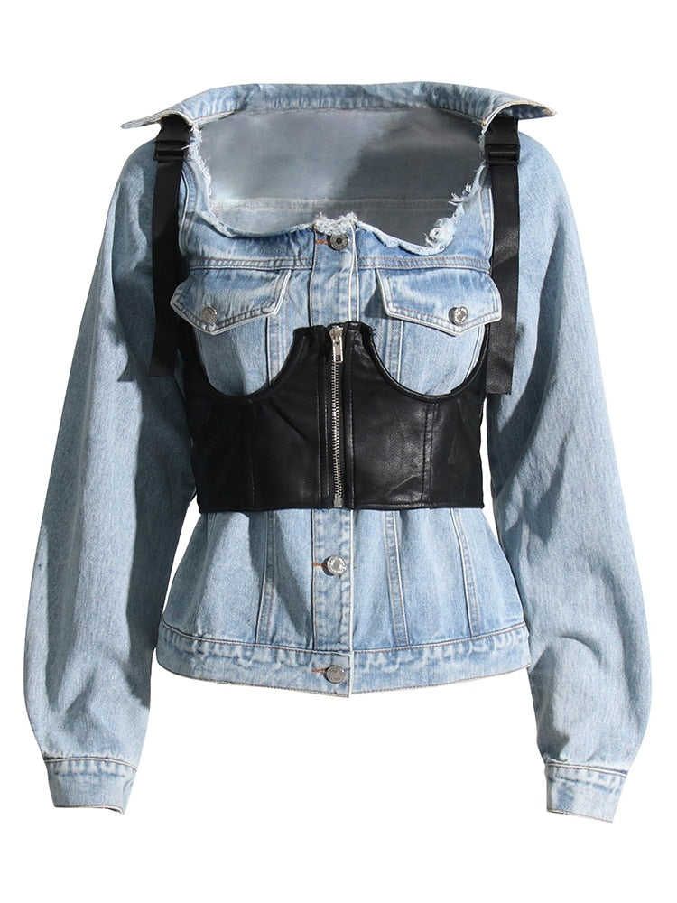 Distressed Style Denim Jacket and PU Leather Vest | Zalia Atelier