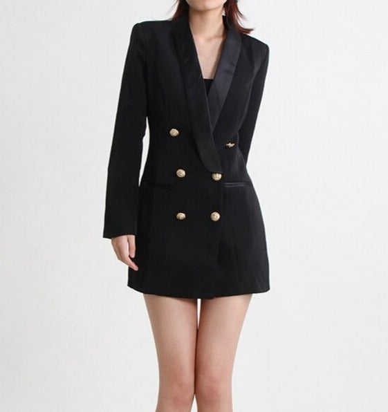 Black Blazer Double Breasted Satin Lapel