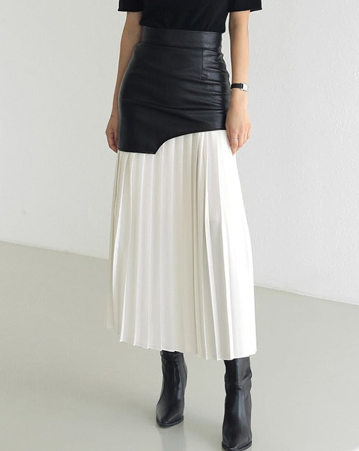 Patchwork Skirt | PU leather top and heavy chiffon pleats | Shop new fashion women's clothing online | Zalia Atelier