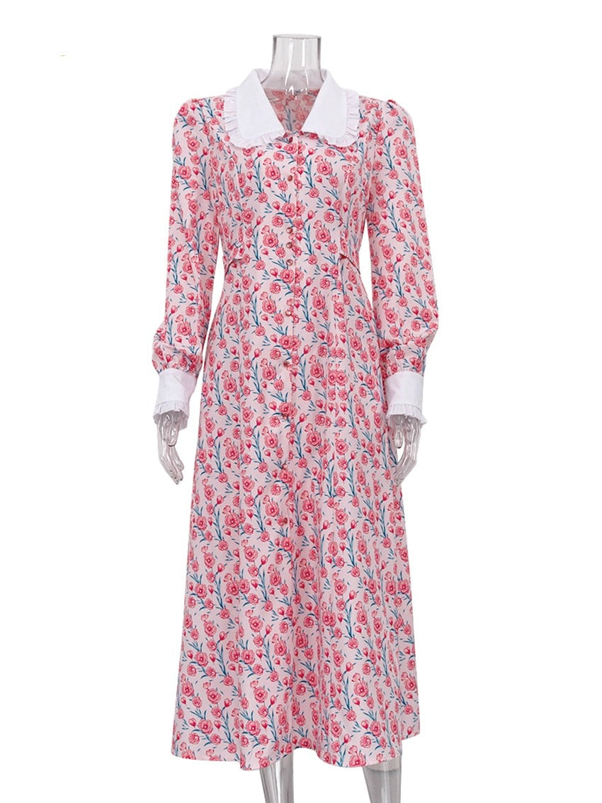 Pink Midi Dress | Peter Pan Collar | Long Sleeves | Floral Print | Zalia Atelier