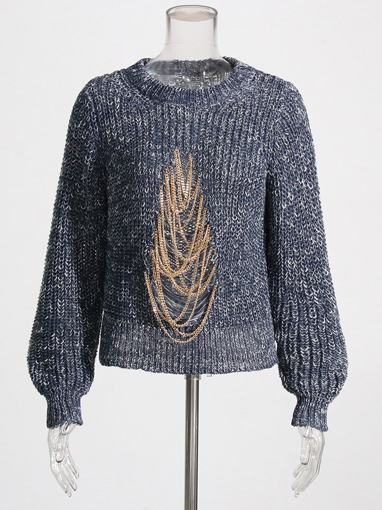 Blue sweater with cool chain detail