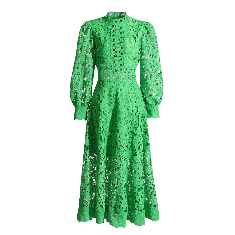 Luxury Designer Inspired Lace Embroidery Dress | Green | Lon Sleeves