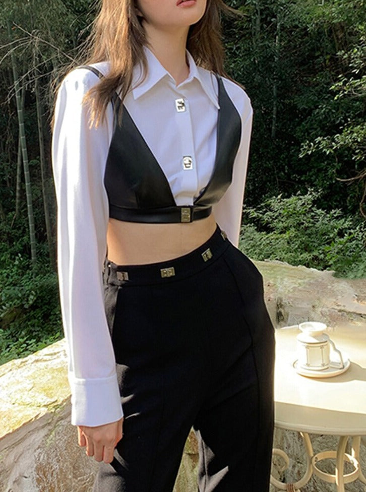 Street style white crop shirt with pu leather patchwork bralette