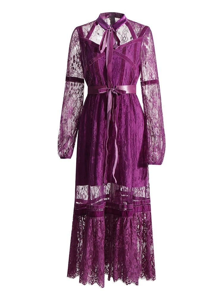 Purple Velvet Trim Lace Dress | Elegant Collar | Long Sleeves | Midi Length