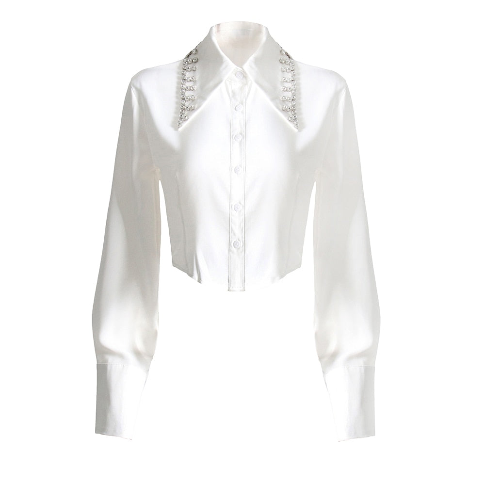 White Shirt With Rhinestone Collar Detail | Zalia Atelier