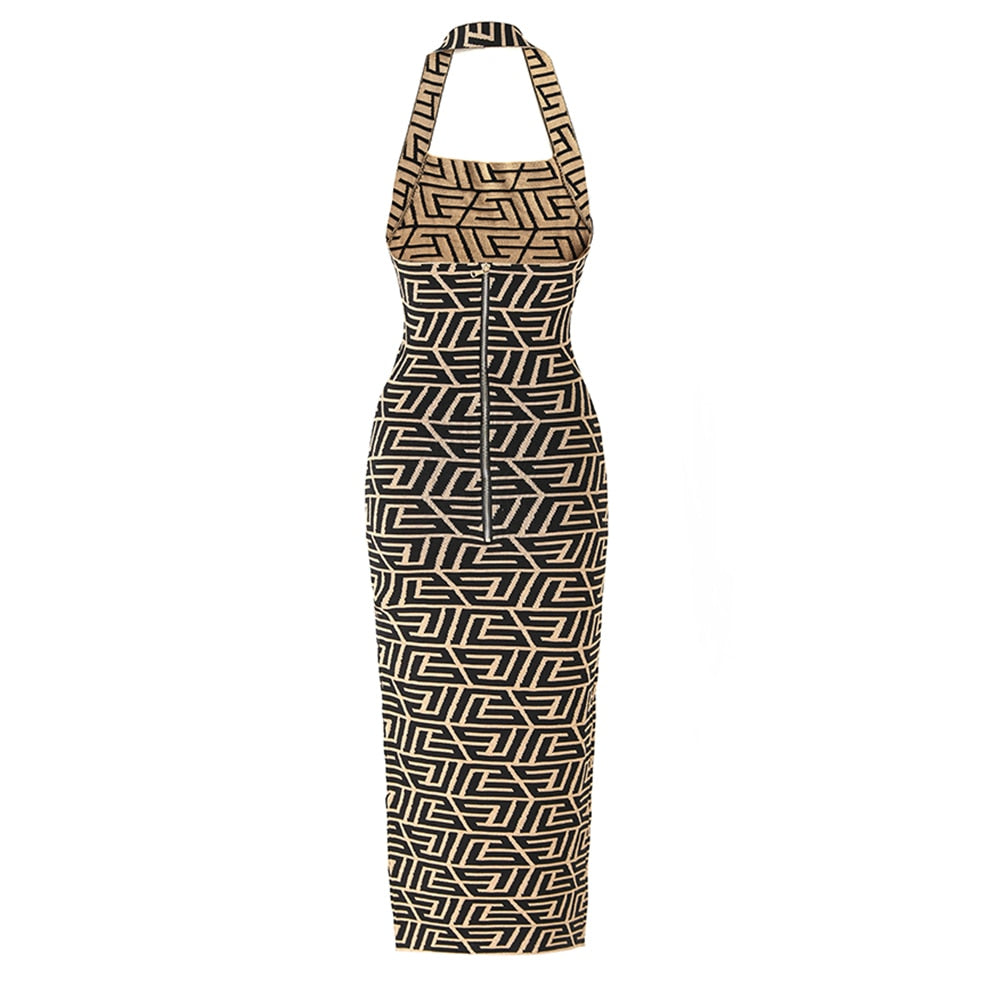 Brown and Black Geometric Logo Midi Dress | Halter Neck | Back Zipper | Zalia Atelier